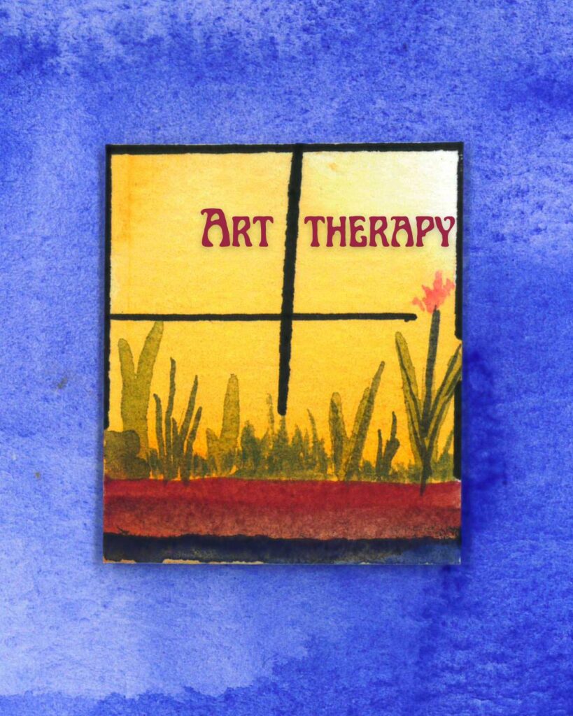 The red title of the service "art therapy" is suspended in a window with a flowerbox outside.